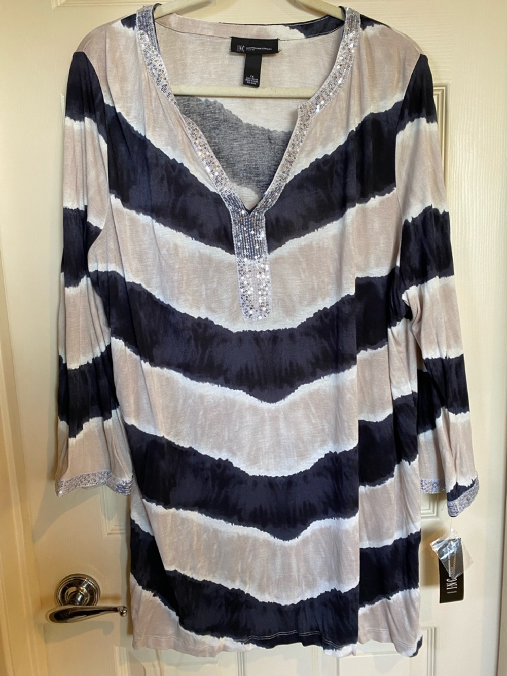 INC International Concepts Navy & Cream Chevron Sequin Tunic